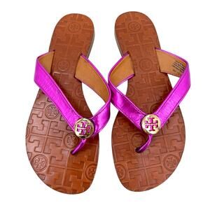 Tory Burch Thora Fuchsia Pink Leather Thong Sandals Metallic Mirror Metal Size 6